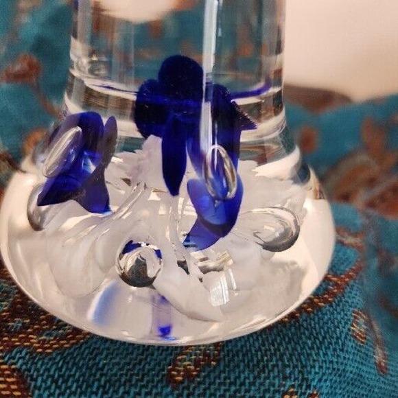 Joe Rice St Clair Blown Glass Bell Blue White Flower 2016 Paperweight 4.25" - Picture 5 of 6